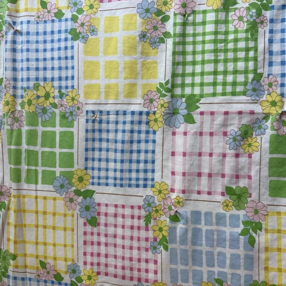 Vintage Quilt Blanket 65x45 Floral Gingham Patchwork Tied Pastel Nursery Retro